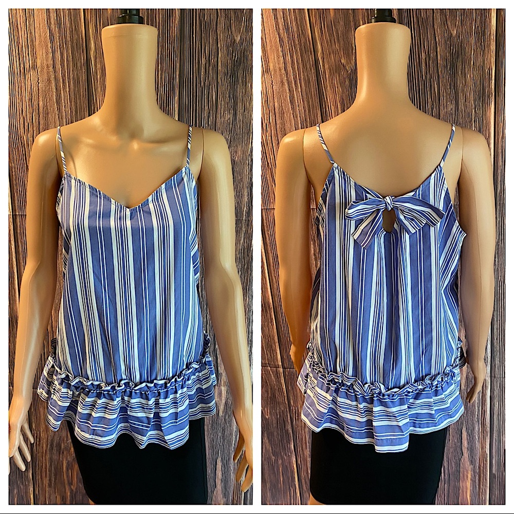 Pleione size small blue & white stripped bow ruffle tank top summer blouse